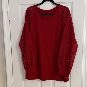 Happy Sailed Red Lace Sleeve Waffle Knit Top